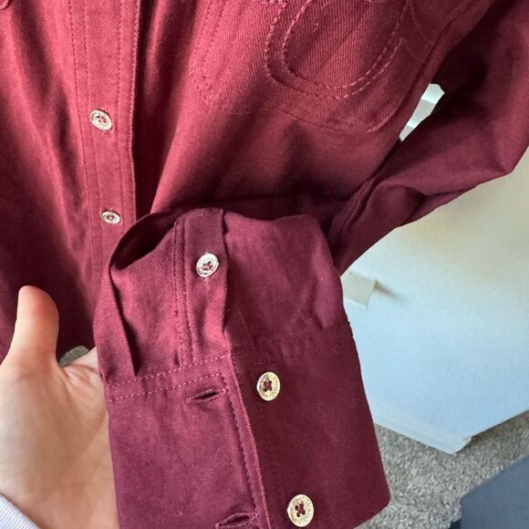 True Religion Utility Shirt Womens L Burgundy Long Sleeve Roll Tab Button Up NWT - Picture 11 of 11